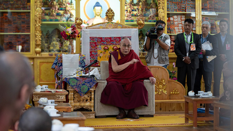 His Holiness the Dalai Lama speaking during the welcome ceremony on his arrival at his residence in Leh, Ladakh, J&K, India on July 3, 2018. Photo by Tenzin Choejor