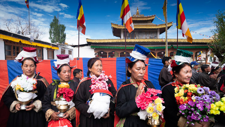 Women in traditional dress waiting for His Holiness the Dalai Lama to arrive at the Jokhang in Leh, Ladakh, J&K, India on July 4, 2018. Photo by Tenzin Choejor