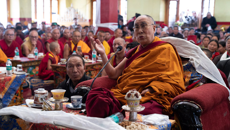 His Holiness the Dalai Lama delivering his remarks to the gathering at the Jokhang in Leh, Ladakh, J&K, India on July 4, 2018. Photo by Tenzin Choejor