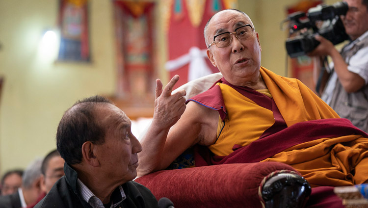 His Holiness the Dalai Lama speaking during his pilgrimage to the Jokhang in Leh, Ladakh, J&K, India on July 4, 2018. Photo by Tenzin Choejor