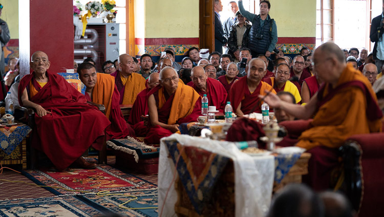 His Holiness the Dalai Lama speaking during his pilgrimage to the Jokhang in Leh, Ladakh, J&K, India on July 4, 2018. Photo by Tenzin Choejor