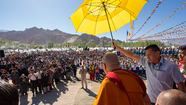 His Holiness the Dalai Lama greeting the crowd of over 25,000 on his arrival at the Shiwatsel Teaching Pavilion for celebrations on his 83rd birthday in Leh, Ladakh, J&K, India on July 6, 2018. Photo by Tenzin Choejor