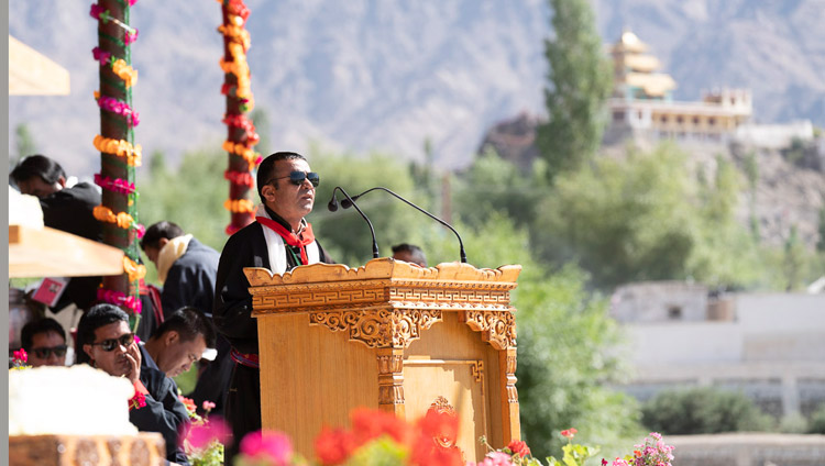 President of the Ladakh Buddhist Association Tsewang Thinles opening the celebrations on His Holiness the Dalai Lama's 83rd birtday at the Shiwatsel Teaching Ground in Leh, Ladakh, J&K, India on July 6, 2018. Photo by Tenzin Choejor