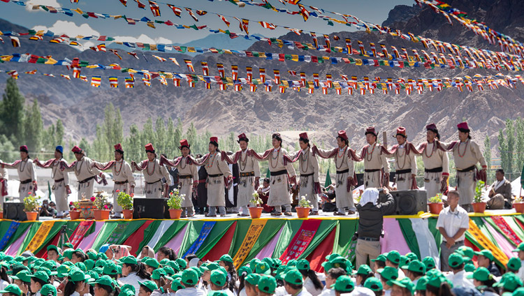A Ladakhi cultural troupe performing a Ladakhi folk song during celebrations on His Holiness the Dalai Lama's 83rd birthday in Leh, Ladakh, J&K, India on July 6, 2018. Photo by Tenzin Choejor