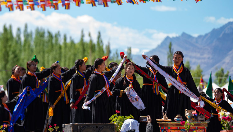 Girls from Ladakhi schools performing during celebrations on His Holiness the Dalai Lama's 83rd birthday in Leh, Ladakh, J&K, India on July 6, 2018. Photo by Tenzin Choejor