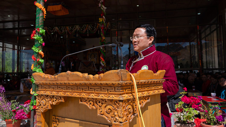 Director of the Tawang Foundation, Maling Gonbo, speaking at celebrations on His Holiness the Dalai Lama's 83rd birthday in Leh, Ladakh, J&K, India on July 6, 2018. Photo by Tenzin Choejor