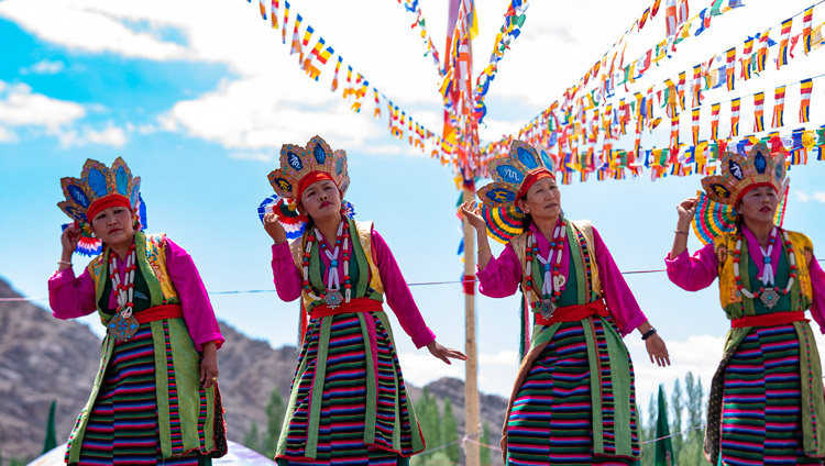 A group of Tibetans performing Tibetan Lhamo or traditional opera during celebrations on His Holiness the Dalai Lama's 83rd birthday in Leh, Ladakh, J&K, India on July 6, 2018. Photo by Tenzin Choejor