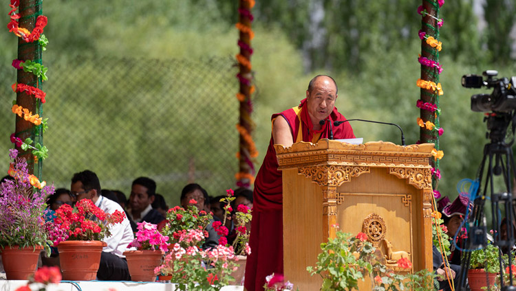 On behalf of the Buddhists of Mongolia Woeser Rinpoche speaking at celebrations on His Holiness the Dalai Lama's 83rd birthday in Leh, Ladakh, J&K, India on July 6, 2018. Photo by Tenzin Choejor