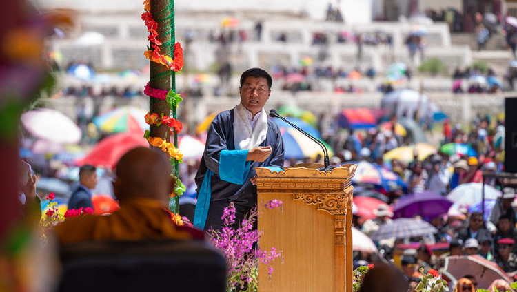 President of the CTA, Dr Lobsang Sangay, speaking at celebrations on His Holiness the Dalai Lama's 83rd birthday in Leh, Ladakh, J&K, India on July 6, 2018. Photo by Tenzin Choejor