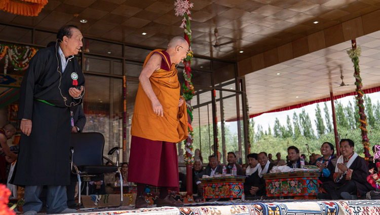 His Holiness the Dalai Lama directing his address to guests on stage during celebrations on his 83rd birthday in Leh, Ladakh, J&K, India on July 6, 2018. Photo by Tenzin Choejor