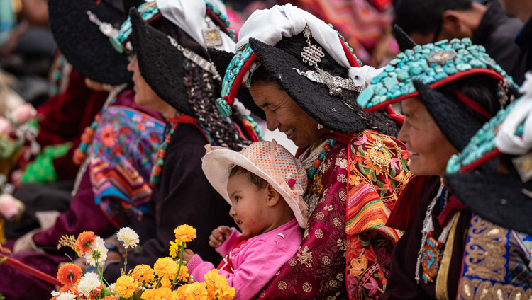 Local women in Ladakhi traditional dress attending His Holiness the Dalai Lama's teaching in Diskit, Nubra Valley, J&K, India on July 13, 2018. Photo by Tenzin Choejor