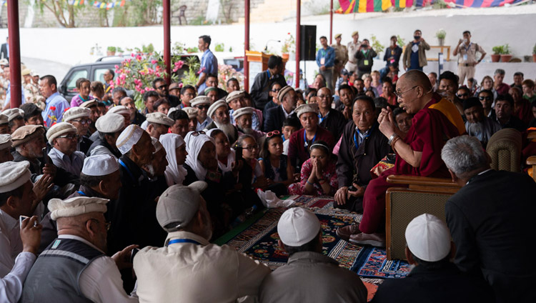 His Holiness the Dalai Lama speaking to members of the Muslim communities of Turtuk, Bogdang and Nubra in Diskit, Nubra Valley, J&K, India on July 13, 2018. Photo by Tenzin Choejor