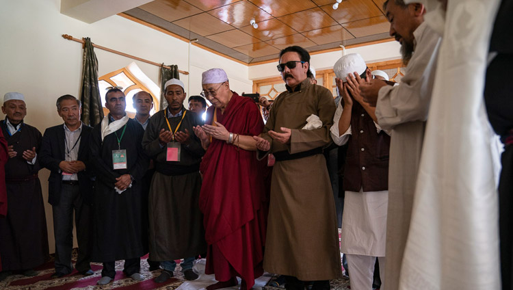 His Holiness the Dalai Lama joining in prayer at the Diskit Jama Masjid in Diskit, Nubra Valley, J&K, India on July 13, 2018. Photo by Tenzin Choejor