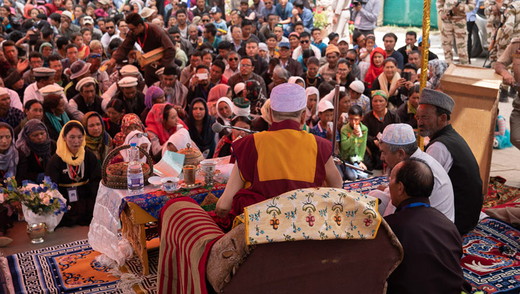 His Holiness the Dalai Lama addressing members of the Muslim community at the Diskit Jama Masjid in Diskit, Nubra Valley, J&K, India on July 13, 2018. Photo by Tenzin Choejor