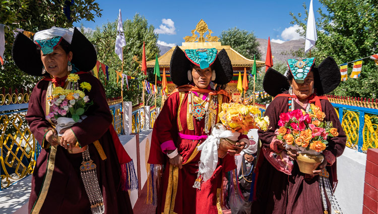 Local women in Ladakhi traditional dress waiting for His Holiness the Dalai Lama's arrival at Samstanling Monastery in Sumur, Ladakh, J&K, India on July 14, 2018. Photo by Tenzin Choejor