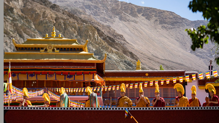 Monks playing traditional instruments welcoming His Holiness the Dalai Lama to Samstanling Monastery in Sumur, Ladakh, J&K, India on July 14, 2018. Photo by Tenzin Choejor