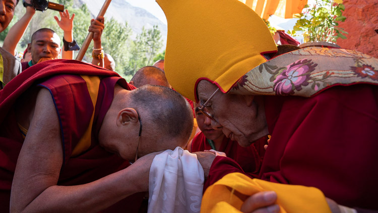 Gaden Trisur Rizong Rinpoche greeting His Holiness the Dalai Lama on his arrival at Samstangling Monastery in Sumur, Ladakh, J&K, India on July 14, 2018. Photo by Tenzin Choejor