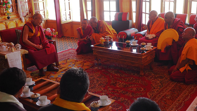 His Holiness the Dalai Lama speaking Gaden Trisur Rizong Rinpoche, senior monks, and special dignitaries during a welcome ceremony on his arrival at Samstangling Monastery in Sumur, Ladakh, J&K, India on July 14, 2018. Photo by Jeremy Russell