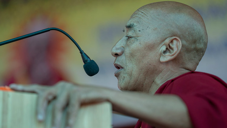 Geshe Yeshey Gyaltsen speaking at the Inauguration of the Great Summer Debate at Samstanling Monastery in Sumur, Ladakh, J&K, India on July 15, 2018. Photo by Tenzin Choejor