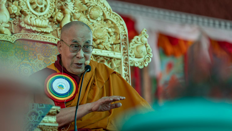 His Holiness the Dalai Lama addressing the crowd of over 8000 during the Inauguration of the Great Summer Debate at Samstanling Monastery in Sumur, Ladakh, J&K, India on July 15, 2018. Photo by Tenzin Choejor