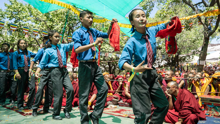 Children from Lamdon School singing and dancing as the Inauguration of the Great Summer Debate was coming to a close at Samstanling Monastery in Sumur, Ladakh, J&K, India on July 15, 2018. Photo by Tenzin Choejor