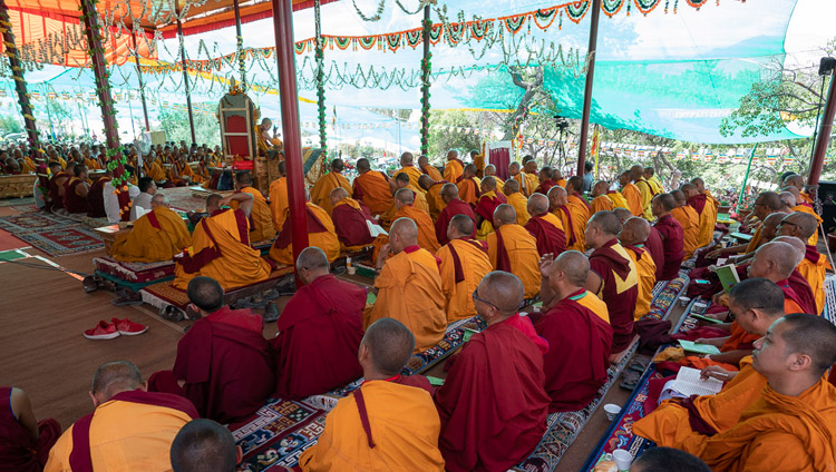 A view from the back of the stage during His Holiness the Dalai Lama's teaching at the Samstanling Monastery's teaching ground in Sumur, Nubra Valley, Ladakh, J&K, India on July 16, 2018. Photo by Tenzin Choejor