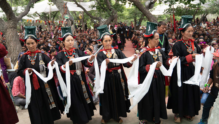 Local women in traditional dress performing at the during the Long-Life Offering at the Samstanling Monastery teaching ground in Sumur, Ladakh, J&K, India on July 17, 2018. Photo by Tenzin Choejor