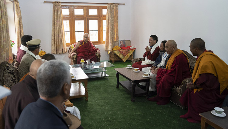 His Holiness the Dalai Lama speaking with local representatives at his residence in Padum, Zanskar, J&K, India on July 21, 2018. Photo by Tenzin Choejor