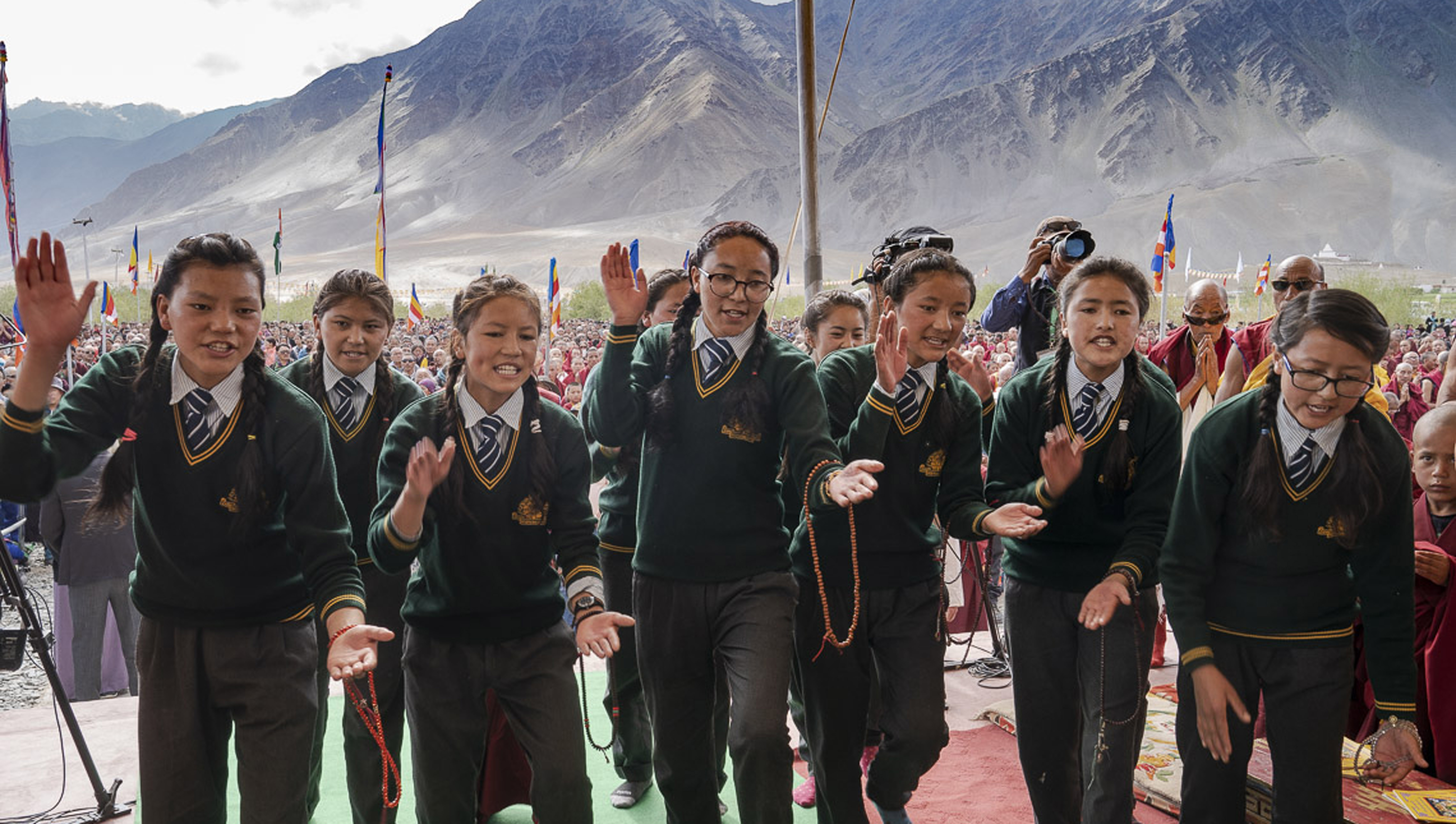Girl students from the CBAC Branch School demonstrating philosophical debate as His Holiness the Dalai Lama arrives at the teaching venue in Padum, Zanskar, J&K, India on July 22, 2018. Photo by Tenzin Choejor
