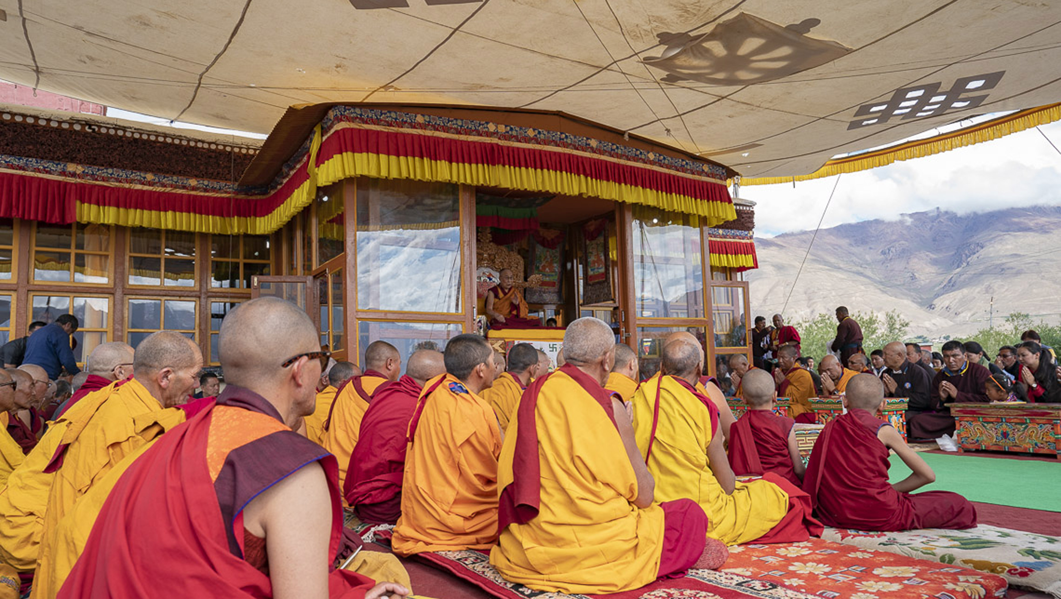 A view of the teaching pavilion during His Holiness the Dalai Lama's teaching in Padum, Zanskar, J&K, India on July 22, 2018. Photo by Tenzin Choejor