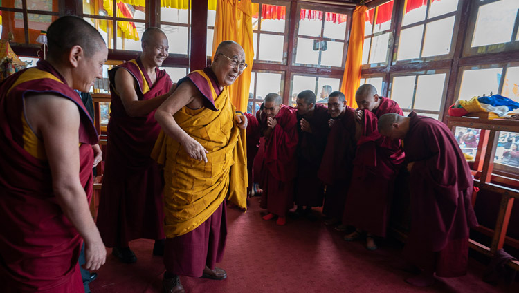 His Holiness the Dalai Lama greeting the monks who take care of the temple adjacent to the teaching ground in Padum, Zanskar, J&K, India on July 23, 2018. Photo by Tenzin Choejor