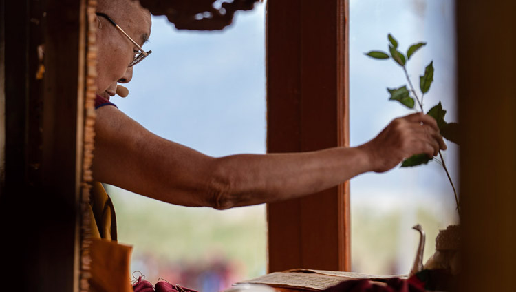 His Holiness the Dalai Lama engaging in preparatory procedures for the Avalokiteshvara Empowerment in Padum, Zanskar, J&K, India on July 23, 2018. Photo by Tenzin Choejor