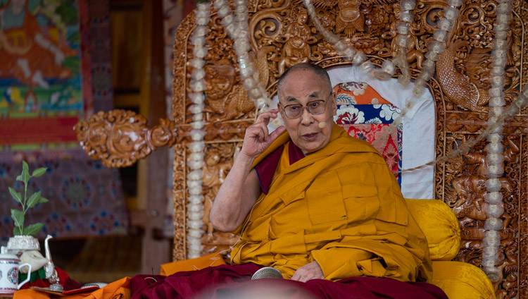 His Holiness the Dalai Lama addressing the gathering on during the Avalokiteshvara Empowerment in Padum, Zanskar, J&K, India on July 23, 2018. Photo by Tenzin Choejor