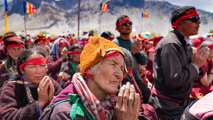 Members of the audience wearing ritual blindfolds listening to His Holiness the Dalai Lama during the Avalokiteshvara Empowerment in Padum, Zanskar, J&K, India on July 23, 2018. Photo by Tenzin Choejor