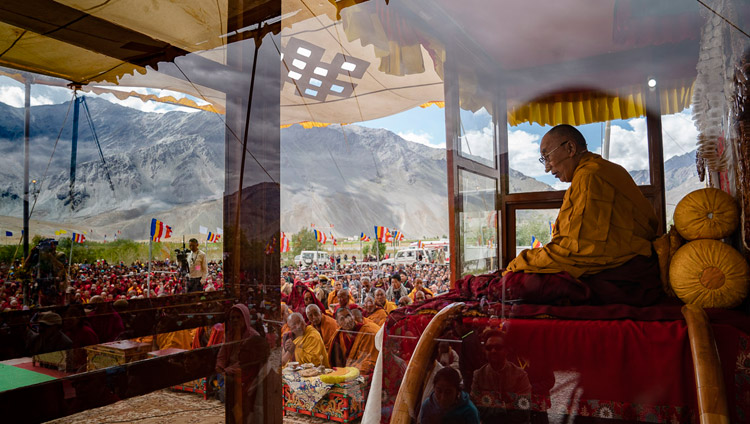 A view of the teaching pavilion during the Avalokiteshvara empowerment given by His Holiness the Dalai Lama in Padum, Zanskar, J&K, India on July 23, 2018. Photo by Tenzin Choejor