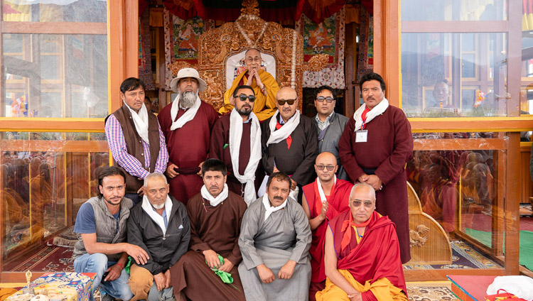 Representatives from the local communities posing for a group photo with His Holiness the Dalai Lama in Padum, Zanskar, J&K, India on July 23, 2018. Photo by Tenzin Choejor