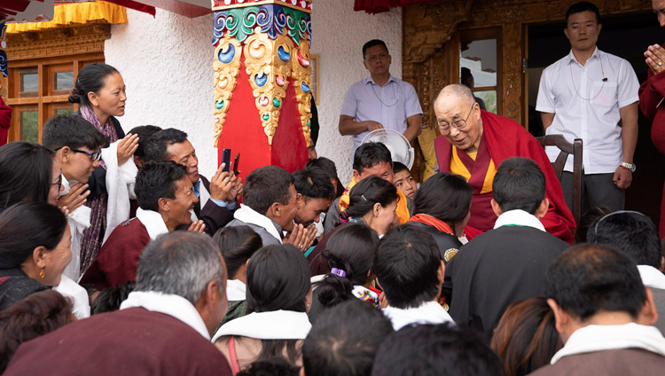 His Holiness the Dalai Lama speaking with former Tibetan Children's Village School students at his residence in Padum, Zanskar, J&K, India on July 24, 2018. Photo by Tenzin Choejor