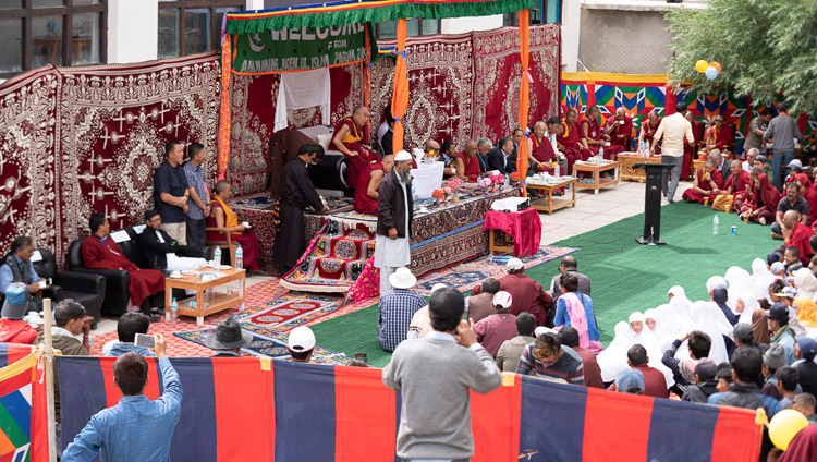 His Holiness the Dalai Lama speaking at the Model Public School in Padum at the invitation of the Anjumane Moen-ul-Islam in Padum, Zanskar, J&K, India on July 24, 2018. Photo by Tenzin Choejor