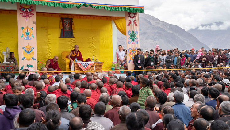 His Holiness the Dalai Lama addressing the crowd at the new medical facility known as the Men-Tsee-Khang in Padum, Zanskar, J&K, India on July 24, 2018. Photo by Tenzin Choejor