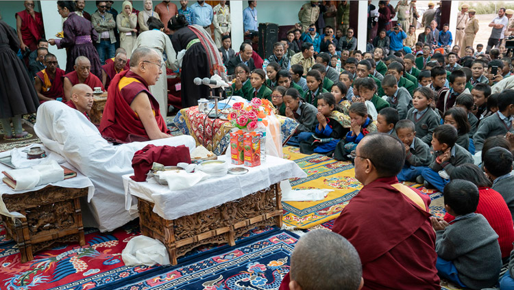 His Holiness the Dalai Lama addressing students at Lamdon Model School in Padum, Zanskar, J&K, India on July 24, 2018. Photo by Tenzin Choejor