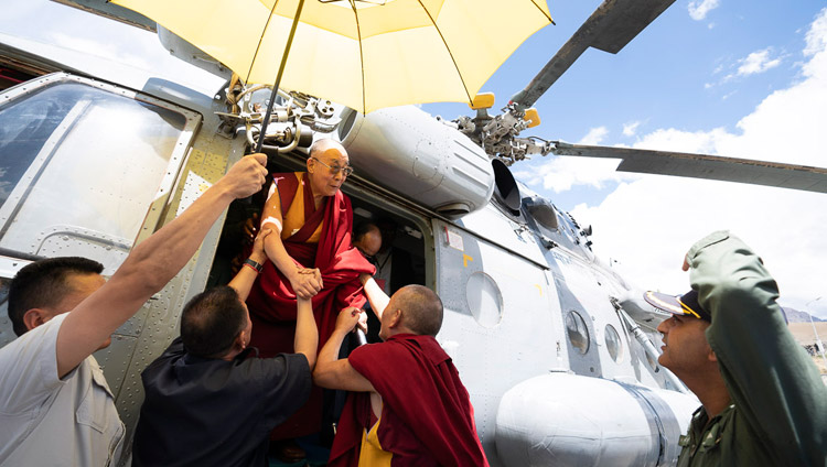 His Holiness the Dalai Lama arriving by helicopter in Kargil, Ladakh, J&K, India on July 25, 2018. Photo by Tenzin Choejor