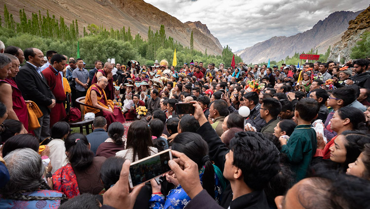 His Holiness the Dalai Lama addressing a group of Buddhists from the Kargil area on the lawn of his hotel in Kargil, Ladakh, J&K, India on July 26, 2018. Photo by Tenzin Choejor