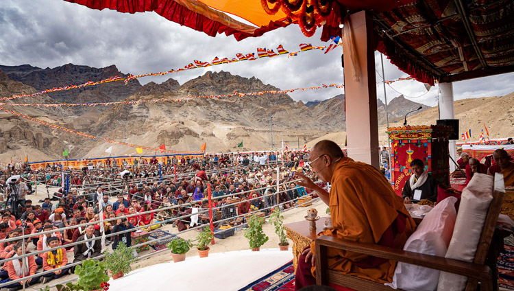 His Holiness the Dalai Lama speaking to students, staff, and members of the public at Spring Dales Public School in Mulbekh, Ladakh, J&K, India on July 26, 2018. Photo by Tenzin Choejor His Holiness the Dalai Lama speaking to students, staff, and members of the public at Spring Dales Public School in Mulbekh, Ladakh, J&K, India on July 26, 2018. Photo by Tenzin Choejor