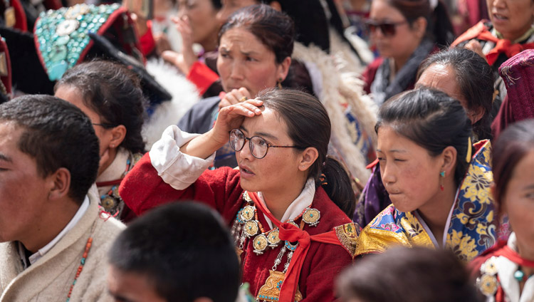 Members of the audience listening to His Holiness the Dalai Lama speaking at Spring Dales Public School in Mulbekh, Ladakh, J&K, India on July 26, 2018. Photo by Tenzin Choejor