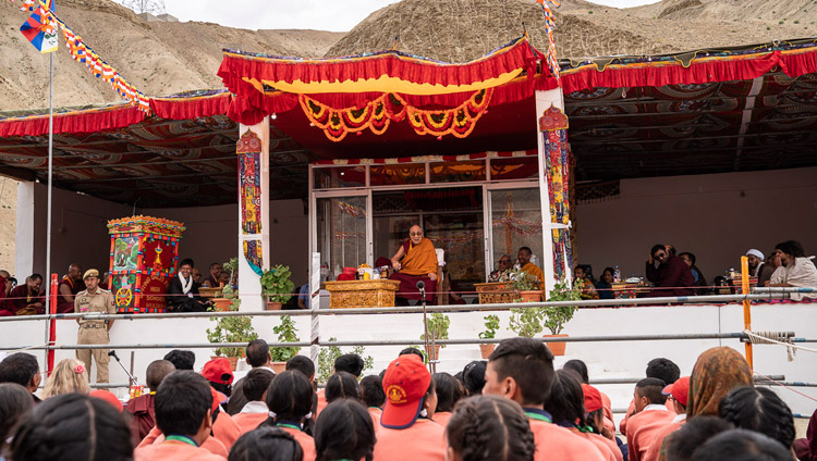 A view of the stage during His Holiness the Dalai Lama's visit to Spring Dales Public School in Mulbekh, Ladakh, J&K, India on July 26, 2018. Photo by Tenzin Choejor A view of the stage during His Holiness the Dalai Lama's visit to Spring Dales Public School in Mulbekh, Ladakh, J&K, India on July 26, 2018. Photo by Tenzin Choejor