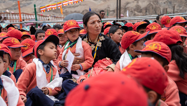 Young students gathered to attend His Holiness the Dalai Lama's talk at Spring Dales Public School in Mulbekh, Ladakh, J&K, India on July 26, 2018. Photo by Tenzin Choejor