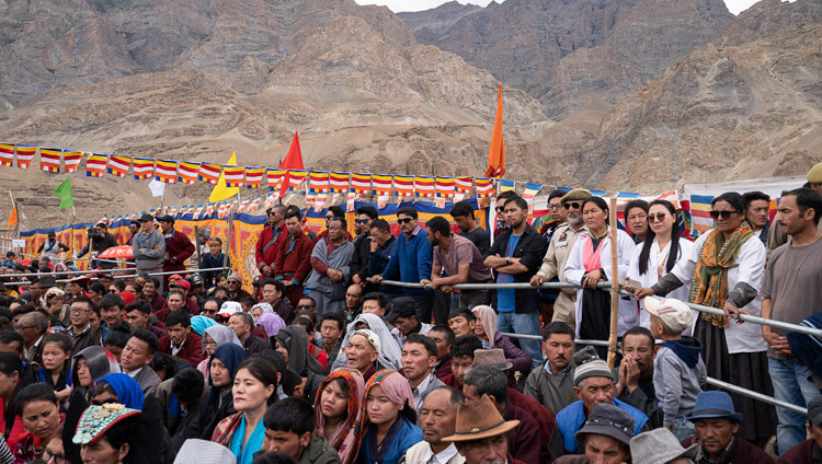 Relatives of students and members of the public listening to His Holiness the Dalai Lama speaking at Spring Dales Public School in Mulbekh, Ladakh, J&K, India on July 26, 2018. Photo by Tenzin Choejor