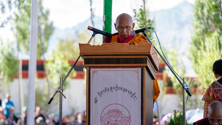 Thiksey Rinpoche speaking at the ground breaking ceremony of the Library and Learning Centre at Thiksey Monastery in Leh, Ladakh, J&K, India on July 29, 2018. Photo by Tenzin Choejor