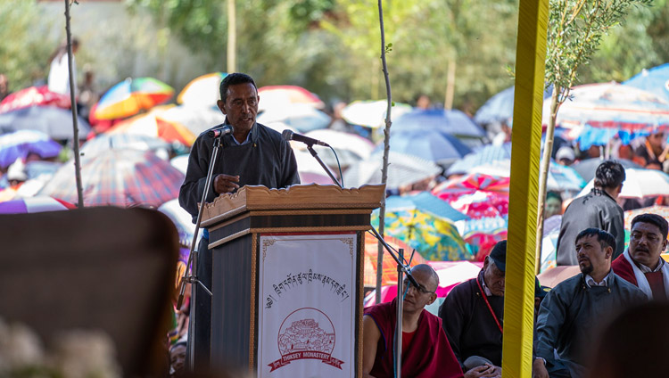 MLA, Rigzin Jora speaking at the ground breaking ceremony of the Library and Learning Centre at Thiksey Monastery in Leh, Ladakh, J&K, India on July 29, 2018. Photo by Tenzin Choejor