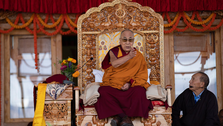 His Holiness the Dalai Lama addressing the crowd during the ground breaking ceremony of the Library and Learning Centre at Thiksey Monastery in Leh, Ladakh, J&K, India on July 29, 2018. Photo by Tenzin Choejor
